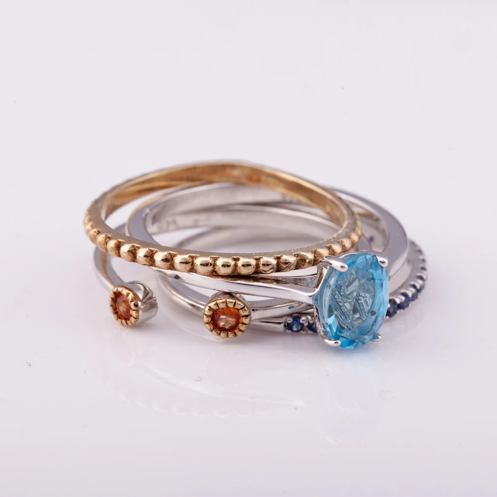 Stackable ring comes with 4 pieces silver 925 with natural blue topaz and orange sapphire and factory price