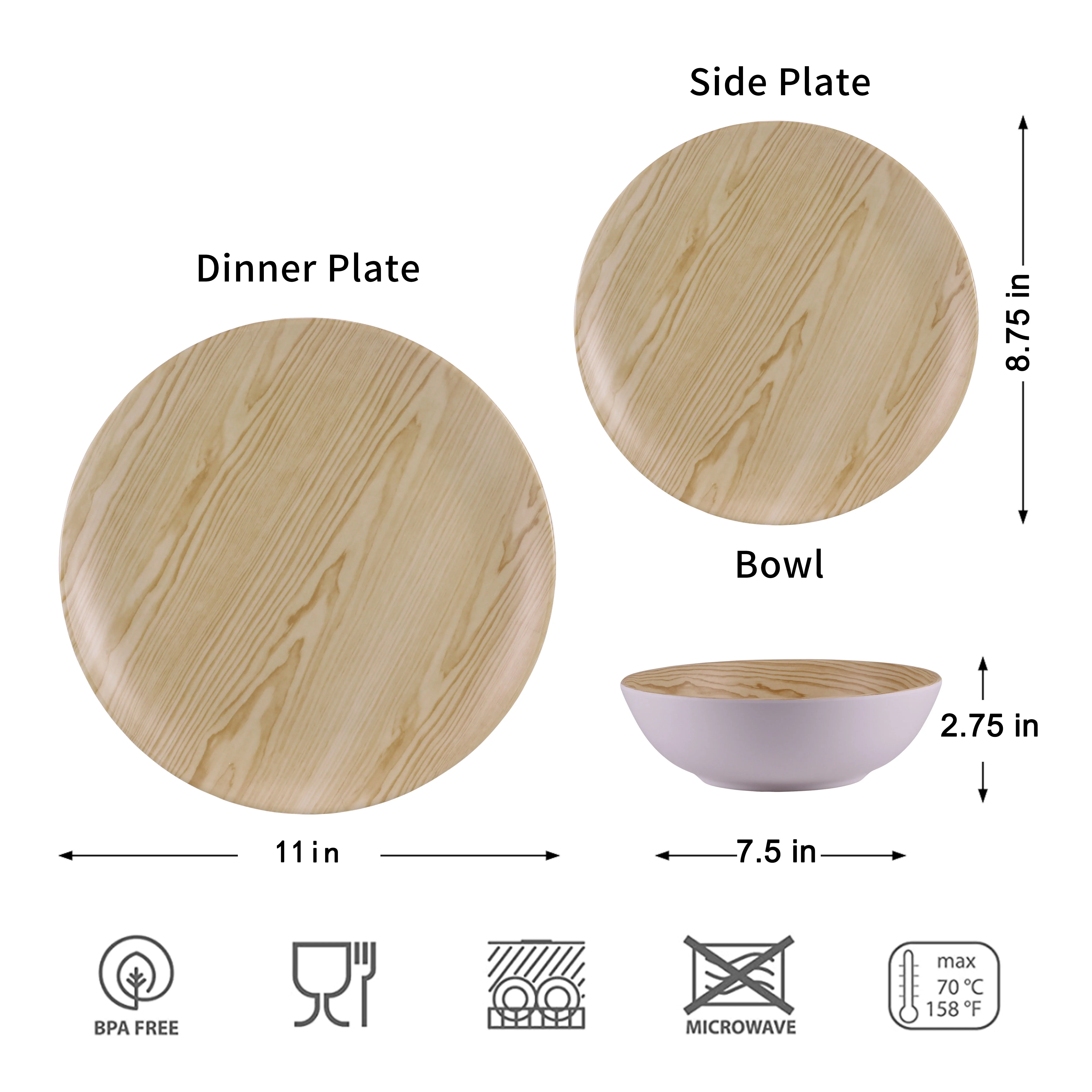 Wooden Grain Melamine Dinner set 12 PC set Dinner Plate, Dessert Plate and Cereal Bowl