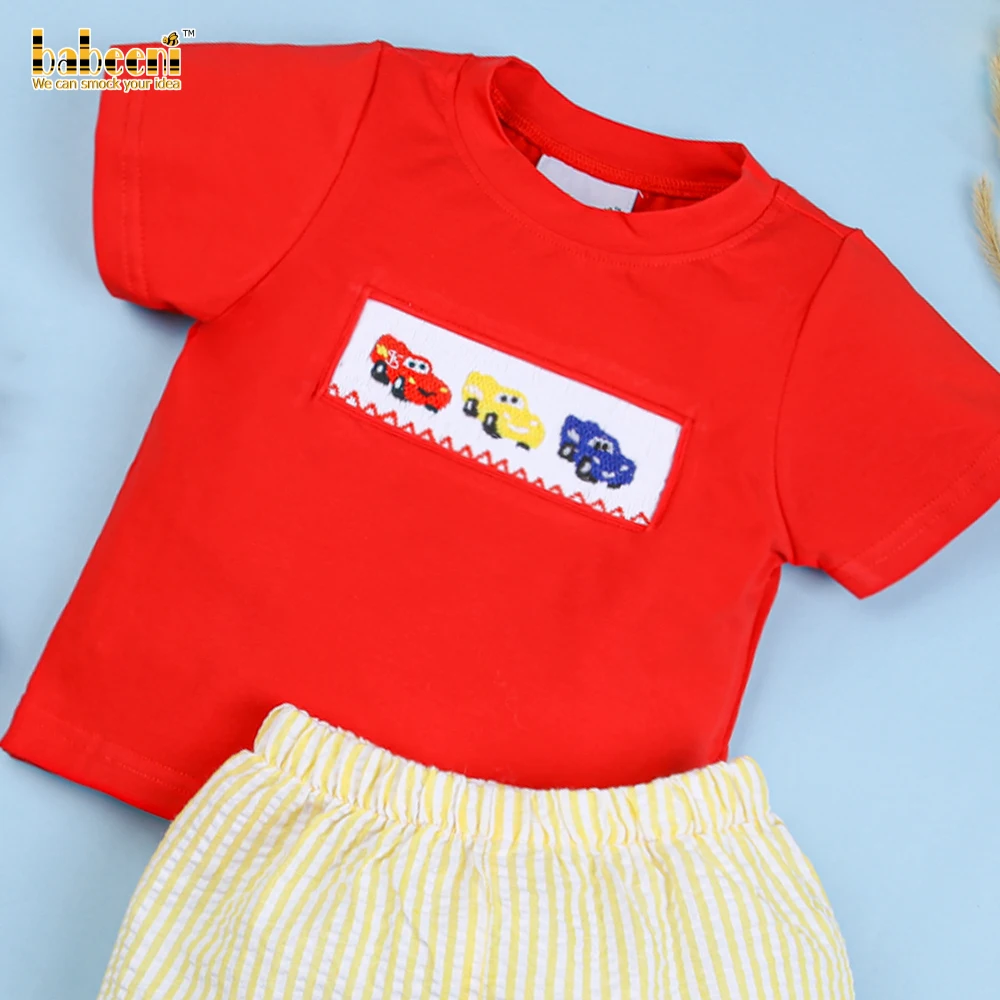 Cute car smocked short set for boys OEM ODM customized hand made embroidery wholesale manufacturer - BB2298