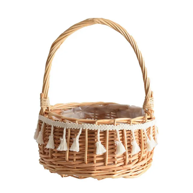 Eco Friendly High Quality White Back Round Hanging Handle Wholesale Manufacture Vietnam Holiday Wicker Rattan Flower Basket