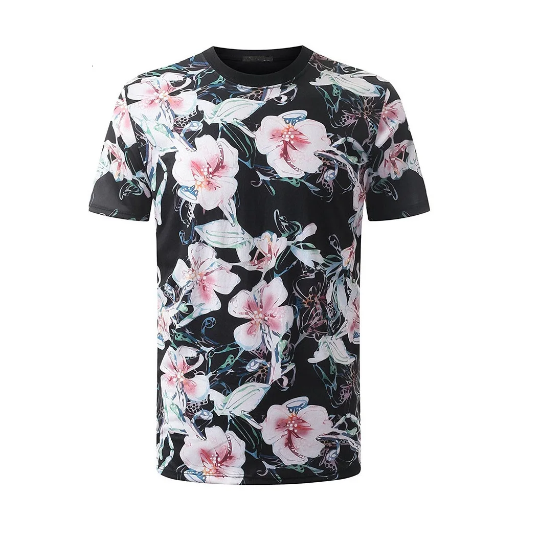 Футболка мужская из 100% хлопка с цветочным принтом круглым вырезом и коротким рукавом