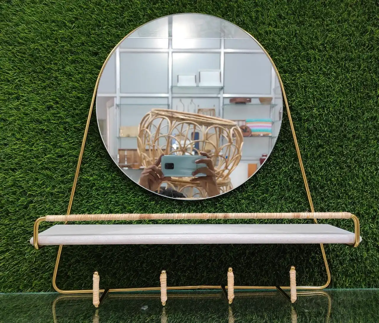 WALL MIRROR WITH SHELF AND HOOKS WITH WICKER WRAPPED