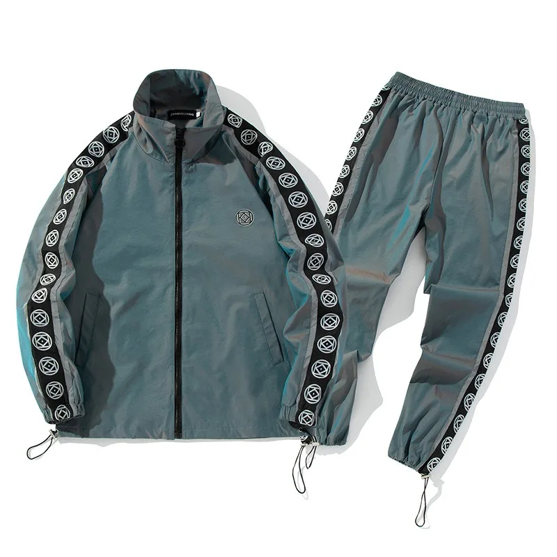 Top High Quality Fashion Custom  two pieces men nylon reflective set tracksuit in street style