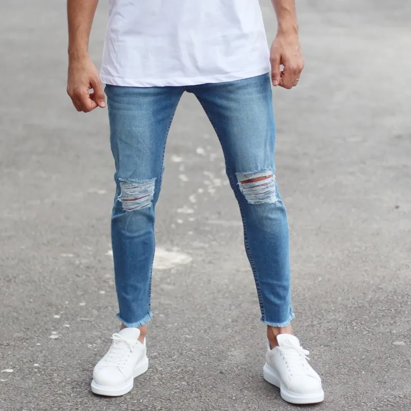 Casual 100% Cotton Men Skinny Jeans with Heavy Rips in Blue Man New Style High Quality Wholesale Offer Trend 2022