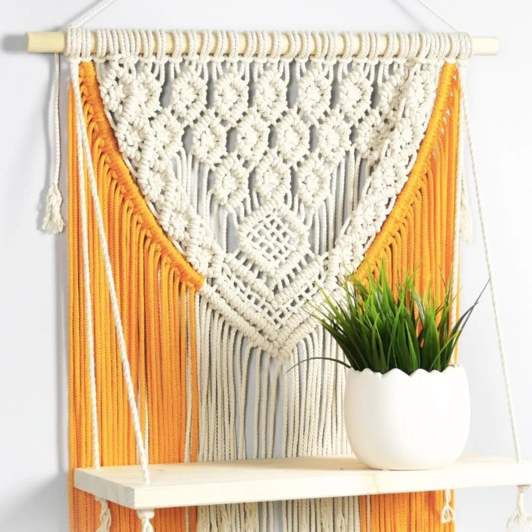Bohemian Style Hand-Woven Macrame Wall Hanging Floating Shelf for Living Room Decorations Wall Decor