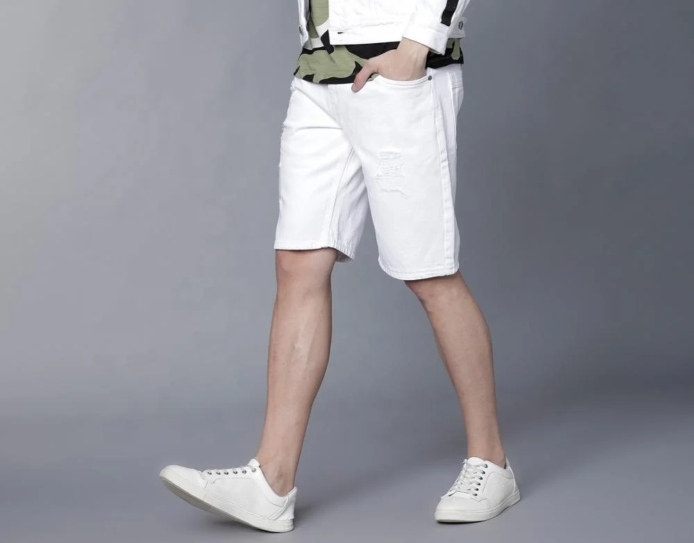 Two Deep Side Hem Pockets summer ripped white denim shorts for men jeans