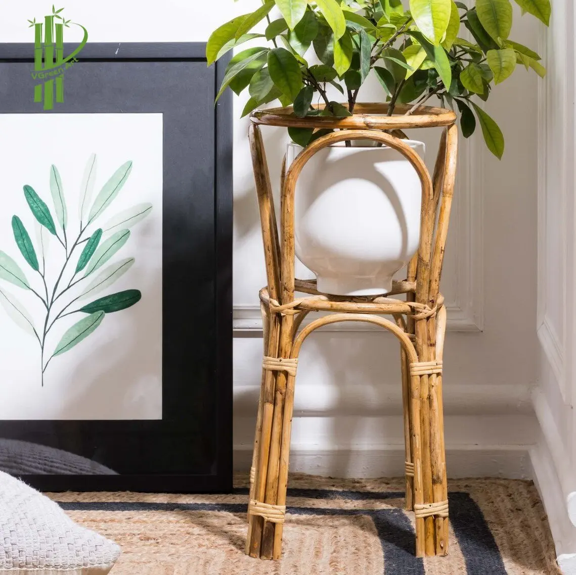 Hot sales rattan potted plant with legs bamboo plant pots shelf flower pots