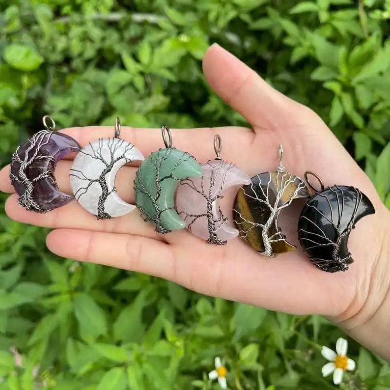 Trending Tree Of Life Crescent Moon Pendant /Gemstone Moon Crescent Wire Wrapped Pendant/6 Kinds of Healing Stone Crystal Gift