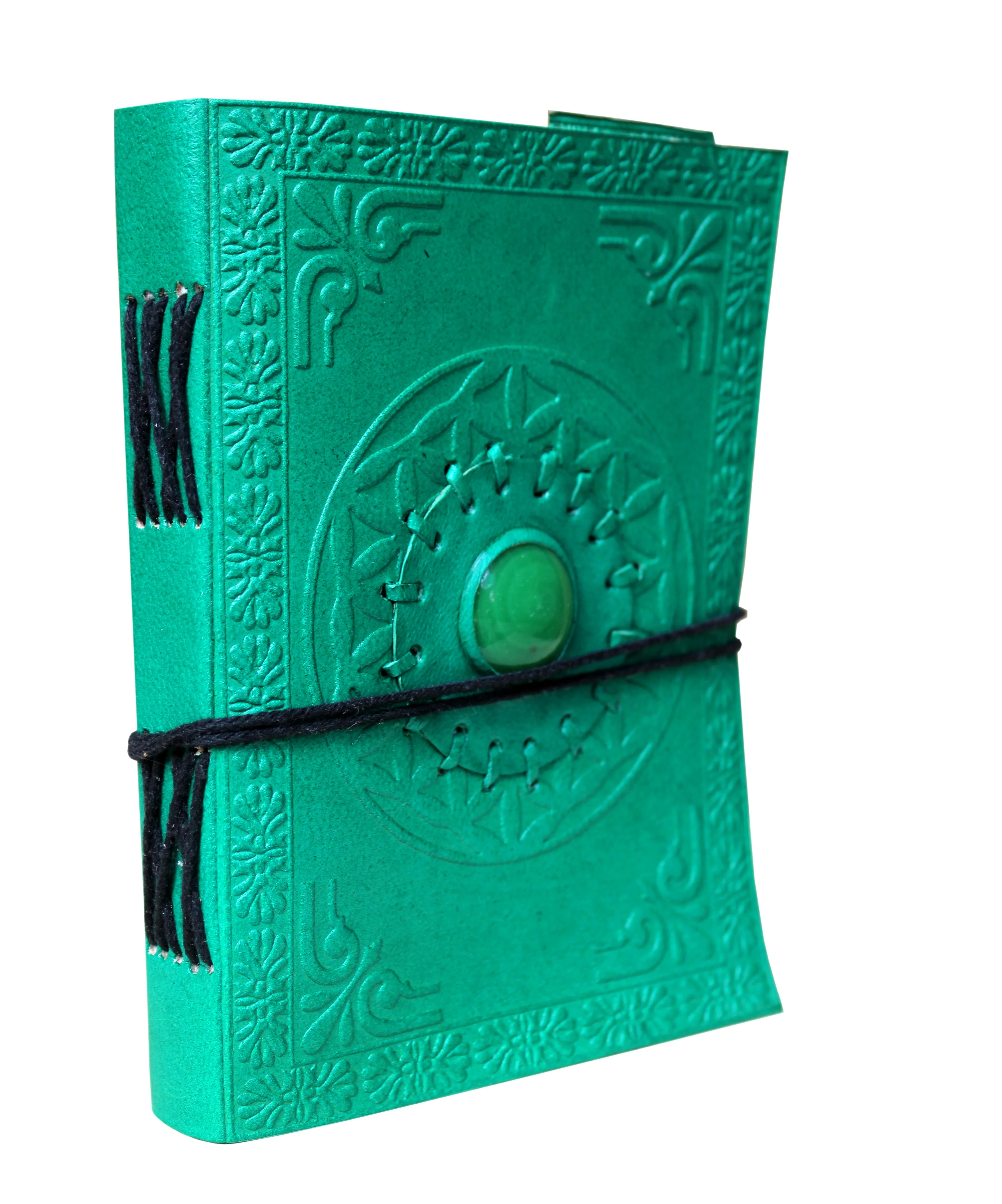 Handmade green color engraved leather journal with green color center stone genuine Leather Designer diaries with cord closure
