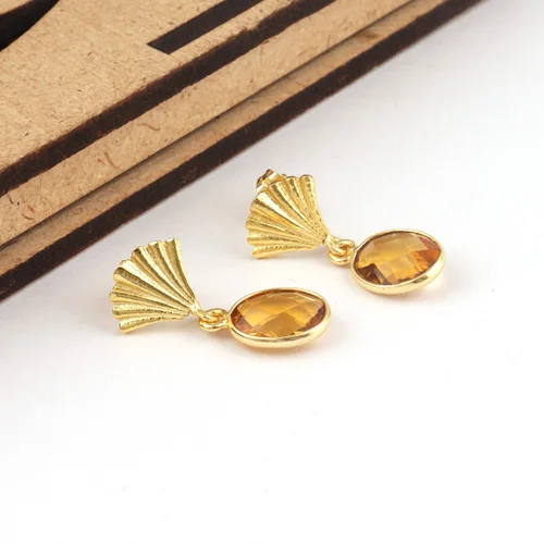 Good selling oval shape citrine quartz crown drop stud earrings brass gold plated party style bezel setting statement earrings