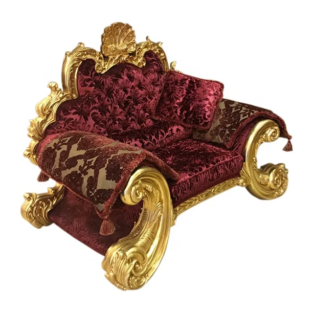Red Gilded Grand Sofa, Baroque Style Milan Sofa Sets Large Sofa, Velvet Luxurious Royal Gilded Gold Leaf 24K Living Room Sofa