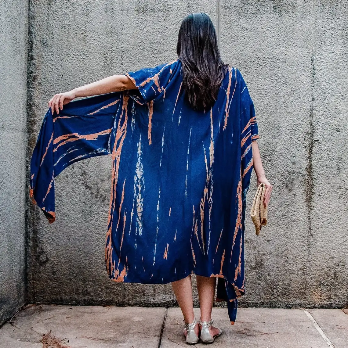 Cheap Wholesale Clothing Factory Oem Tie Dye Kimonos Long Length for Women Beach Wear Cover Blue Boho Style Beach Dress
