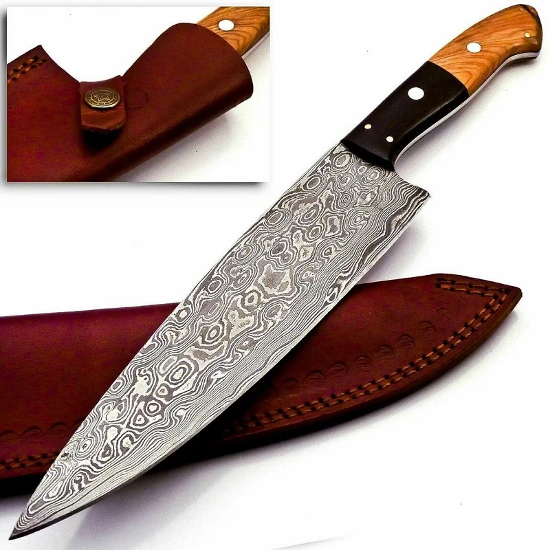 
Hand Made Damascus Steel Craft Chef Knife For kitchen use hand forge knife with leather sheath fixed blade CK-10 With leather 