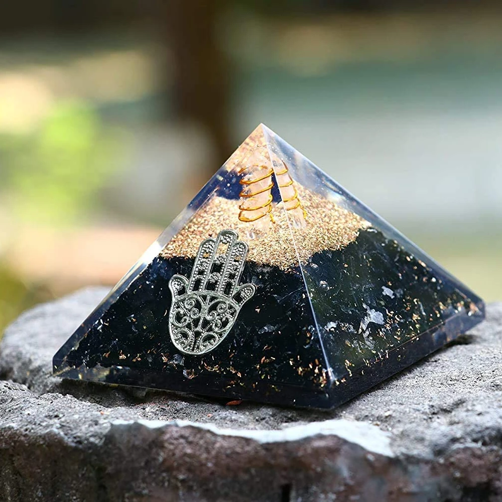 Black Tourmaline Orgone Pyramid with Hastha Symbol Feng Shui Prosperity Stones Healing Crystals Chakra Balancing Aura Cleansing