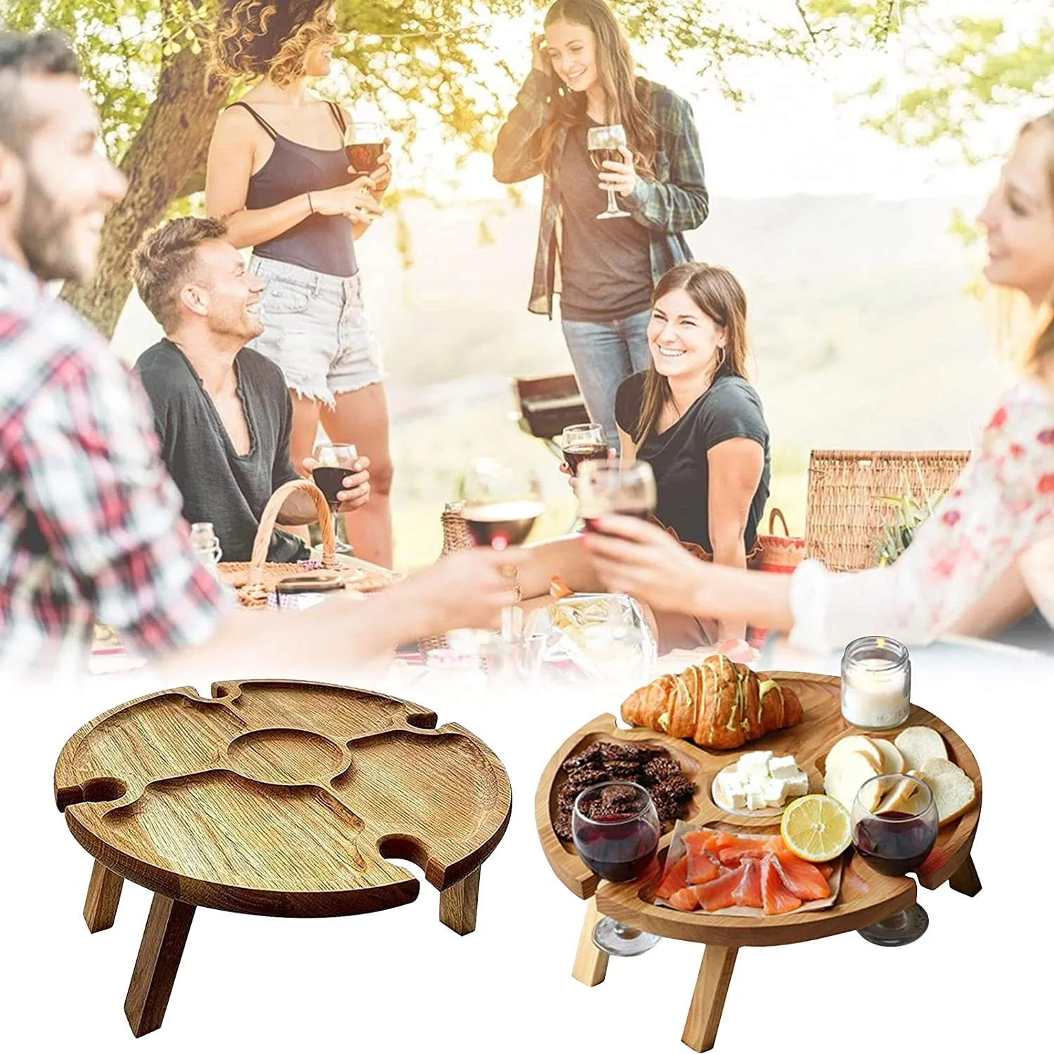 Natural Bamboo Wine Glass Holder Outside Outdoor Wine Table Wooden Foldable Beach Portable Tray Picnic Table