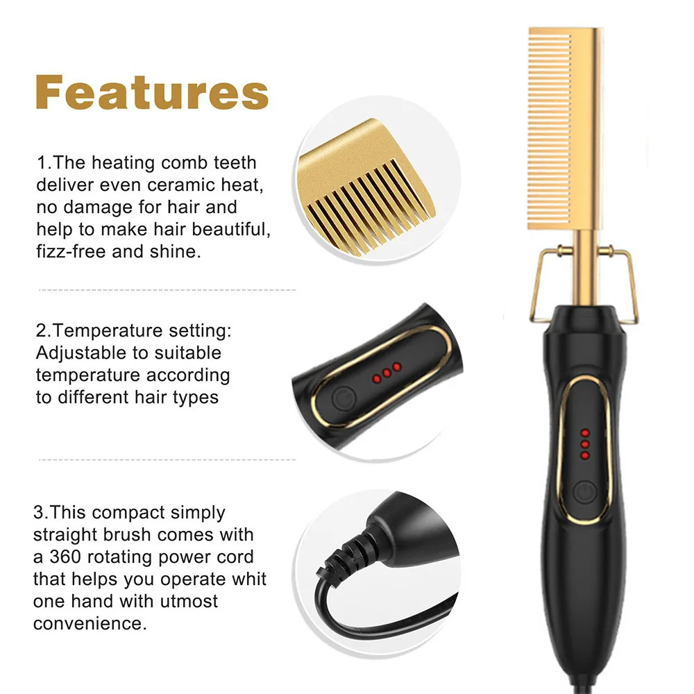 Bling Air High Temperature Handle Hair Straightener Pressing Combs Heating Heat Electric Gold Heated Styling Gear Hot Iron Comb