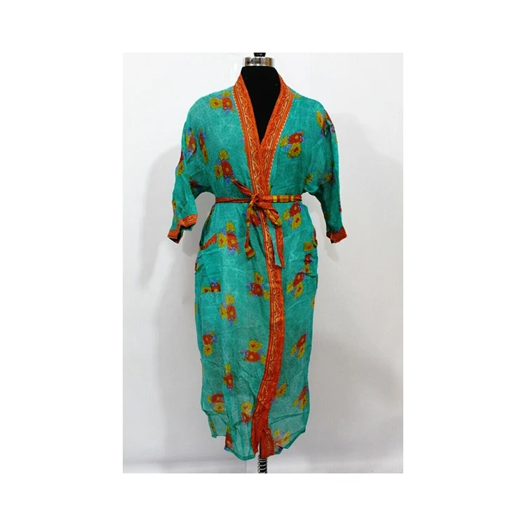 Women Pure Silk Sari Printed Kimono Summer Wear Long Maxi Dress Beach Cover Up Shrug Gypsy Kimono Robe Handmade Women Kimono