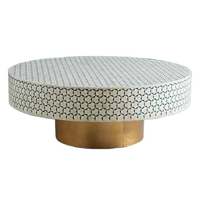 High quality central consult bone table inlay brass rounded beside table price | bone inlay table manufacturer in India