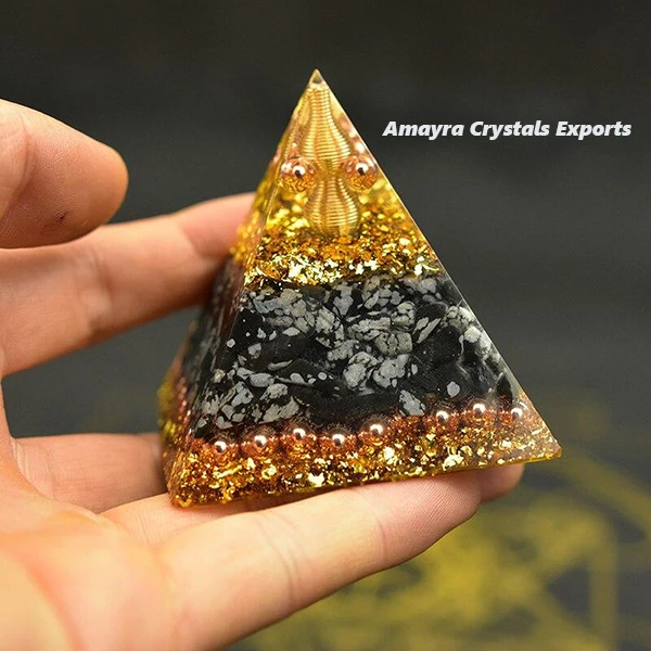 Orgonite HANDMADE INDIGO GABRO PYRAMID WITH CHARGE GOLDEN POINT || From Amayra Crystals Exports