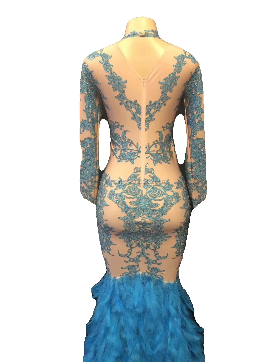 
Sparkling Sapphire blue Rhinestone Feather Trailing Dress Birthday Celebration Banquet Evening Wear Concert Ball Singer Dress 