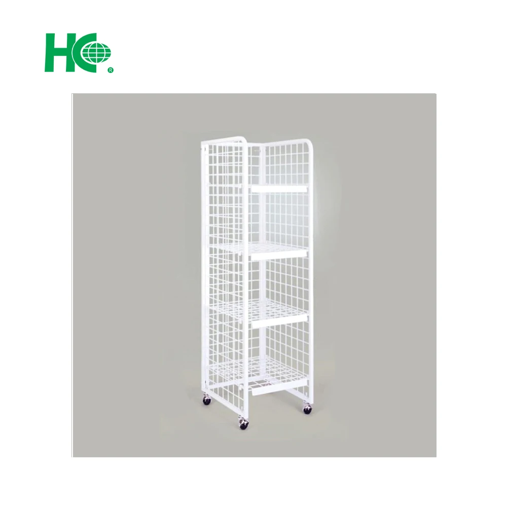 White metal newspaper display rack with casters