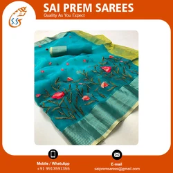 Beautiful Hand Work Saree With Tissue Work And Golden Heavy Border From Indian Wholesaler