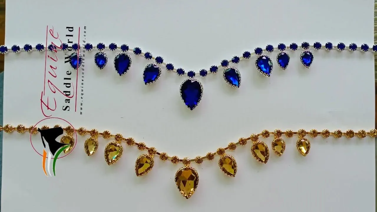 LUXURY EQUESTRIAN HORSE BROW BAND WITH BLUE HANGING CRYSTALS TRENDY WITH BACK OPEN STICKY TAPE AT LOOP.