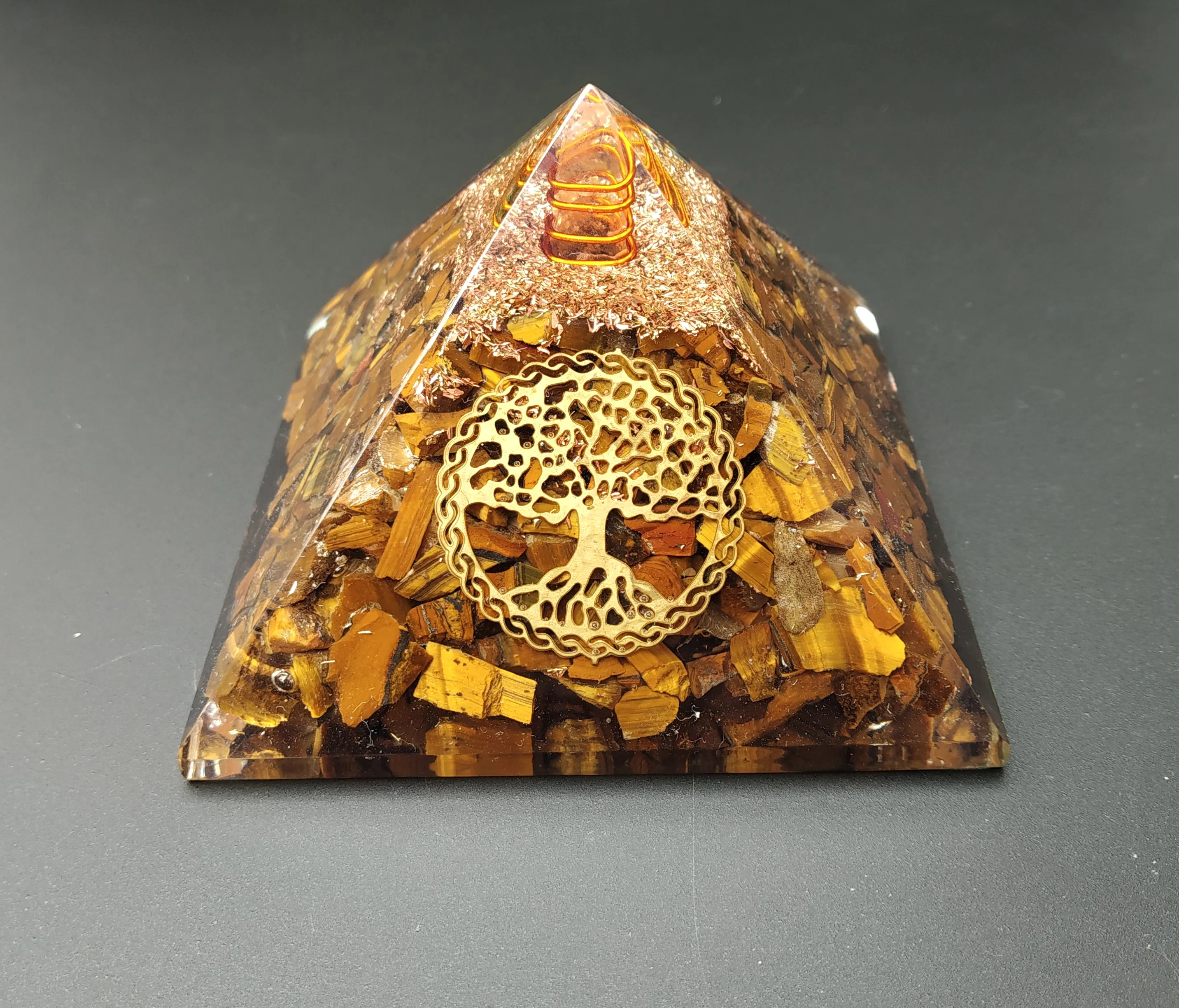 
Tiger Eye Pyramids Orgone Pyramid With Tree Of Life Symbol And Clear Quartz Pencil Point And Copper Coil for Healing 
