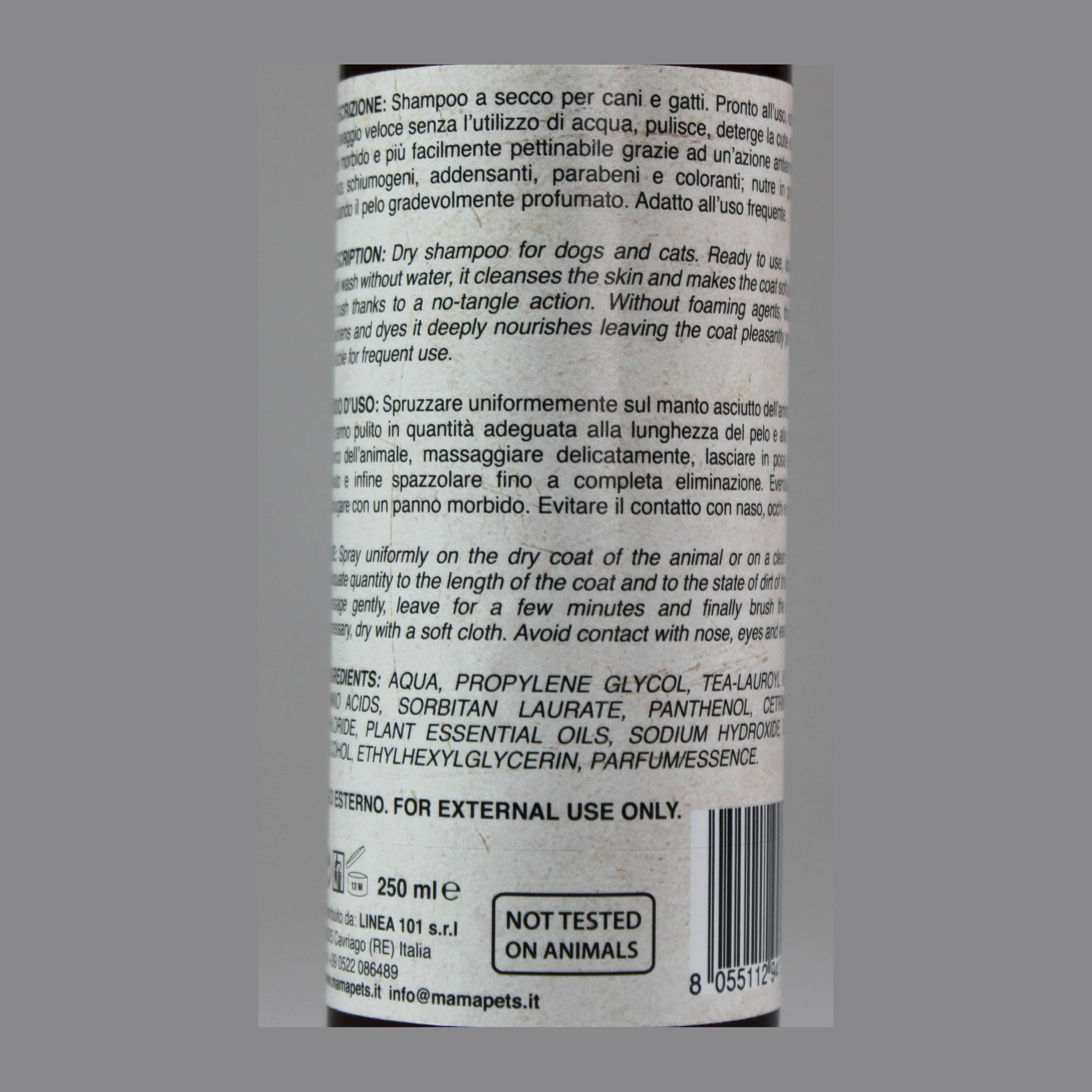 High Italian Quality 250 Ml Organic Sustainable Dry SLS Paraben Alcohol Free Shampoo For Pets