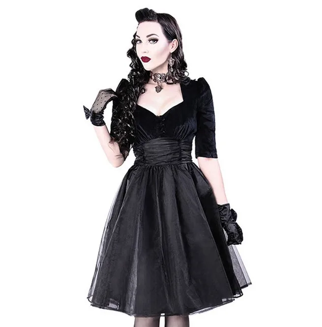 
whole sale rate customized Dark Side Sweet heart Black Velvet Organza Retro Goth Prom Dress in high quality 