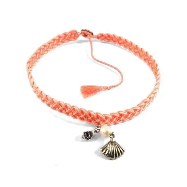 Necklace with Freshwater Pearl, Silver Color Charm and Button on Hand-braided Nylon Cord