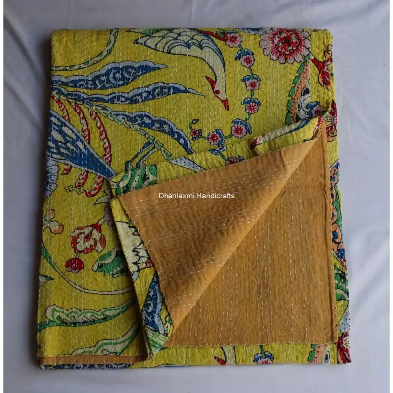 Новое индийское желтое Хлопковое одеяло Kantha с цветочным принтом ручной работы красивое цветочное домашнее украшение оптовая продажа покрывала