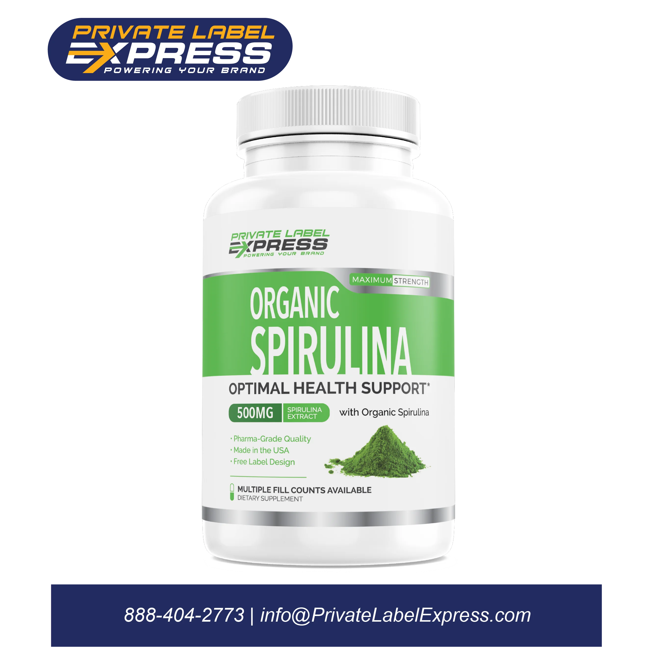 
Organic Spirulina 500mg, 180 ct - Vegetable Capsules 
