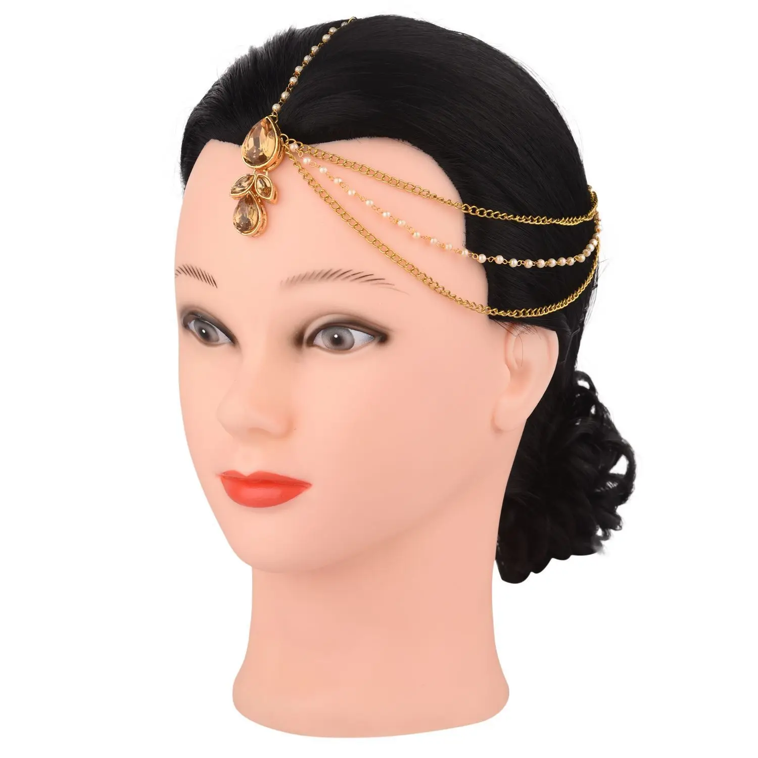 Indian Traditional Jewelry Crystal Maang Tikka One Side Head Chain Bridal Jewellery Set For Women, Brown