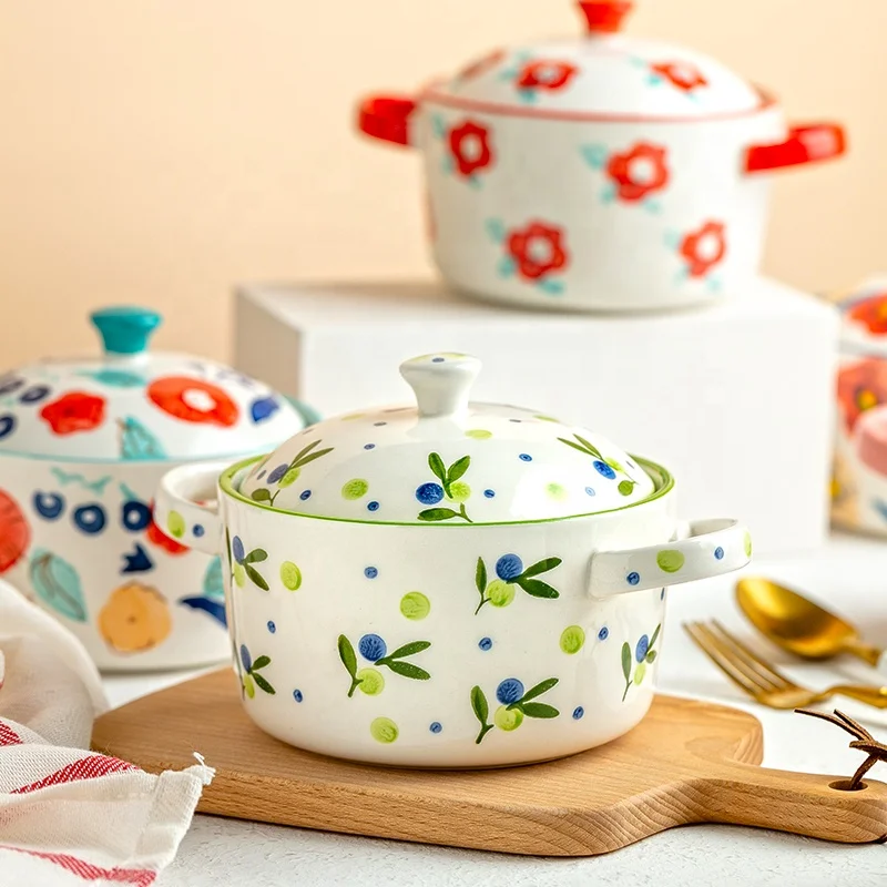 
Jade-cer hand-painted ceramic porcelain soup bowl tureen with lid with handles 
