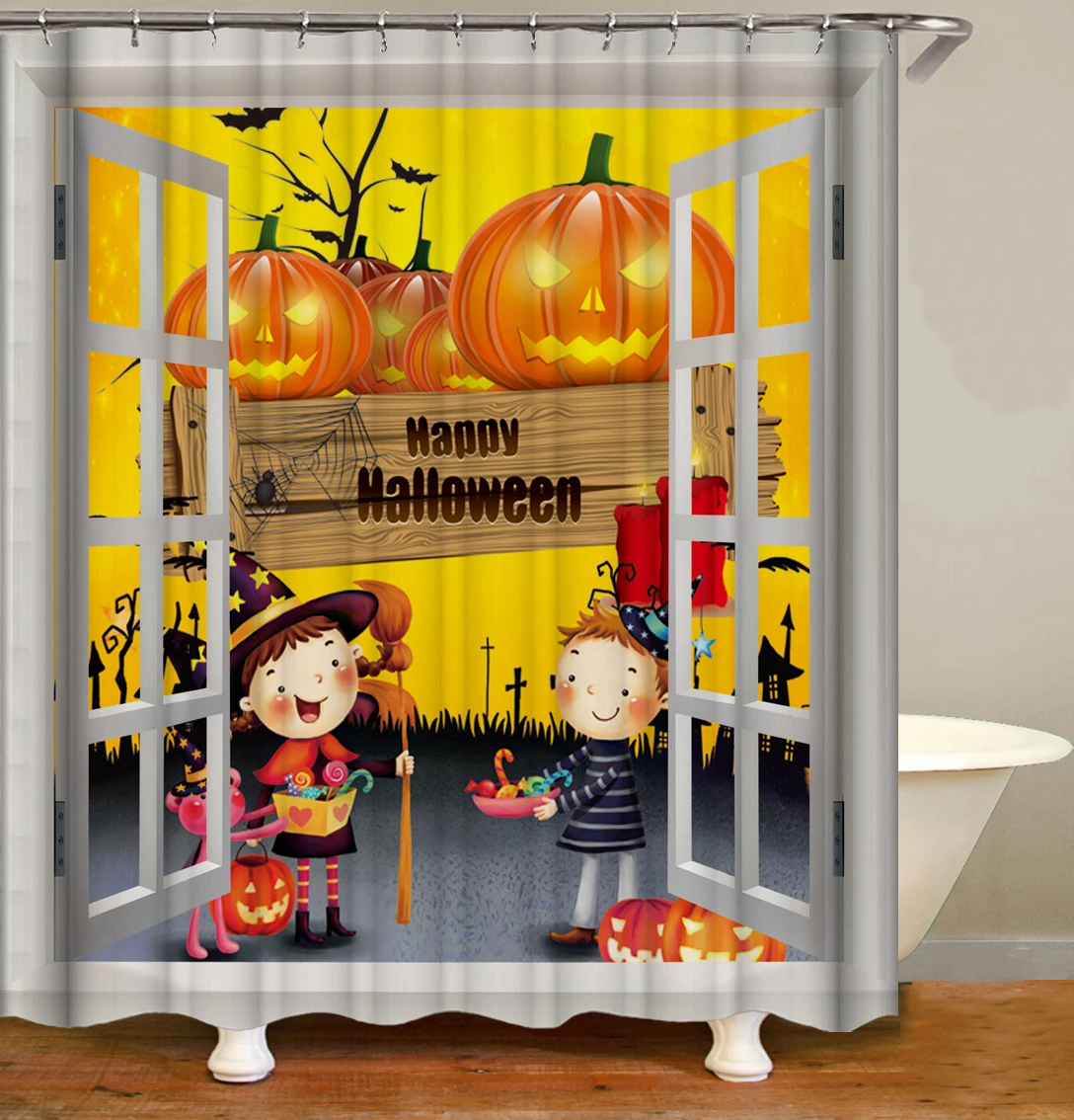 Halloween carnival trick or treat pumpkin skeleton shower curtains for kids