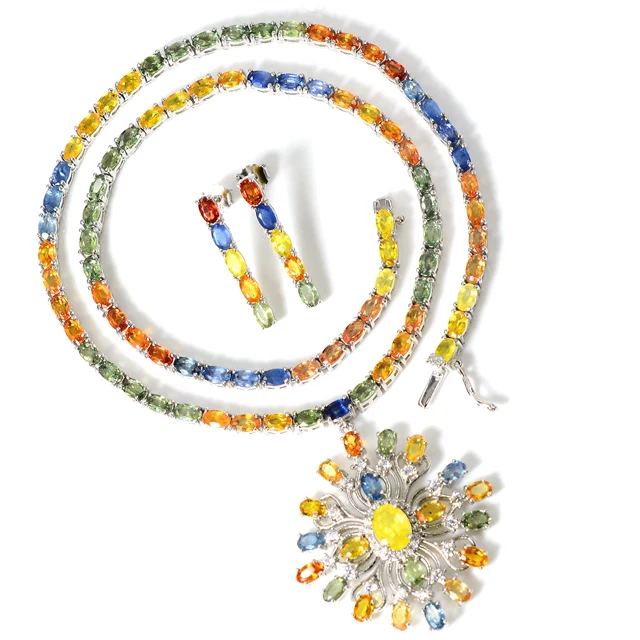 New Arrival Natural Multi Sapphire Gemstone 925 Solid Silver Women Jewelry Pendent Necklace Earring Set Manufacturer From India
