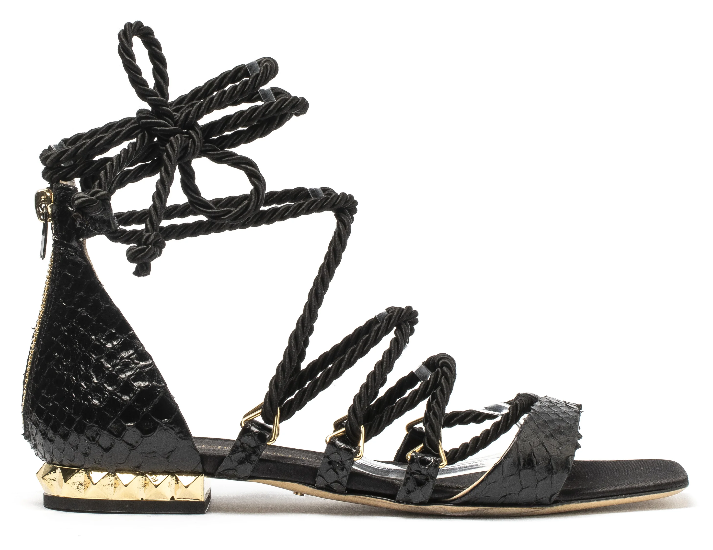 Handmade in Italy flat heel black embossed python leather and black silk string gladiator style woman sandals