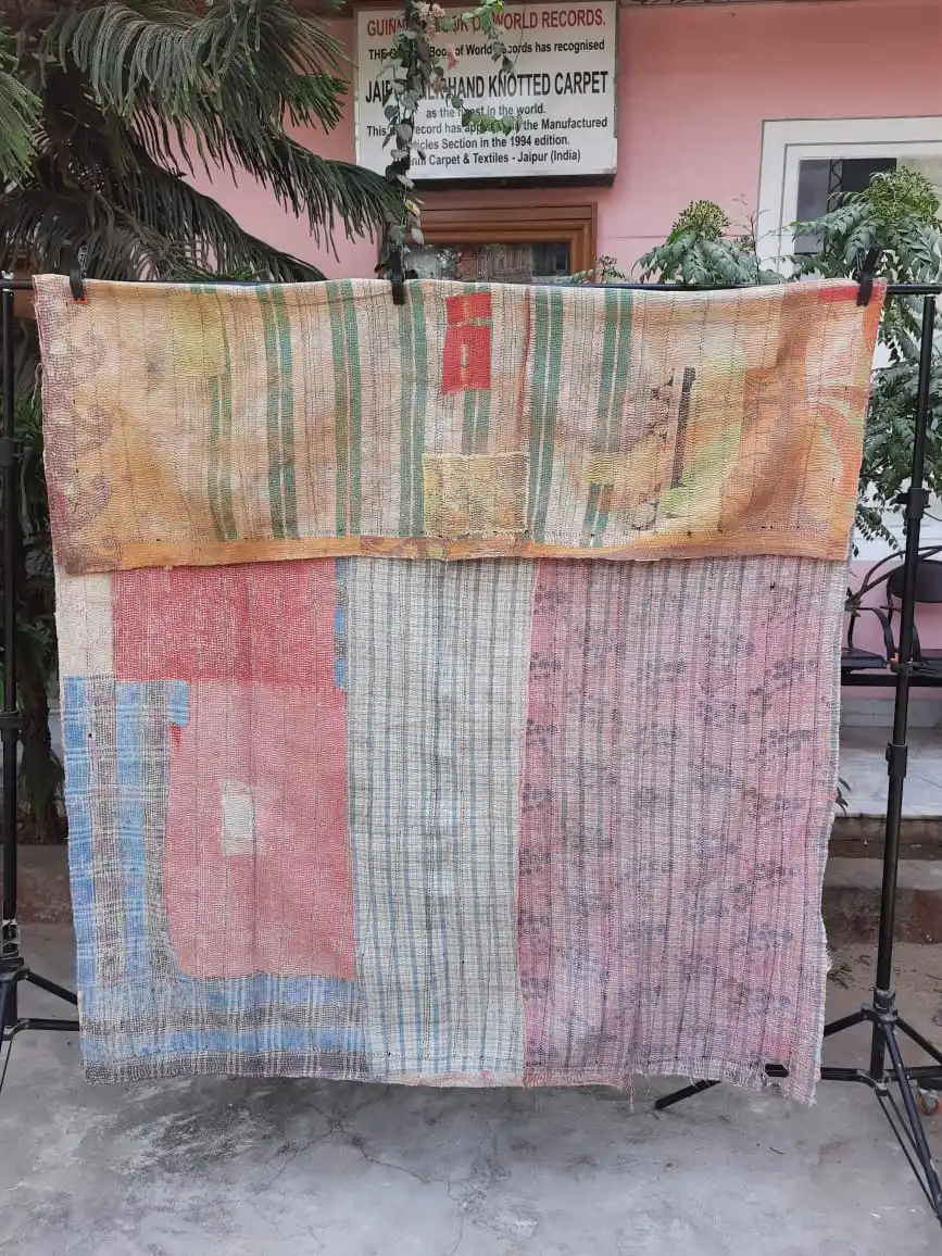 Hand Woven Traditional Kantha Quilt, Colorful Patch Work Embroidered Kantha Quilt Blanket Throw Bedspread With Flower Border