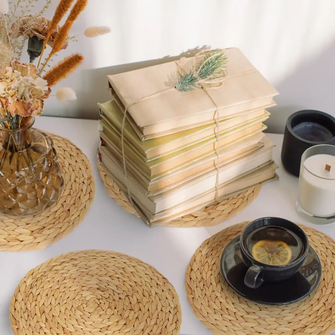 2023 Braided Round Rattan Placemats Party Wedding Natural  Water Hyacinth Handwoven Tablemat Home Restaurant Woven Placemats