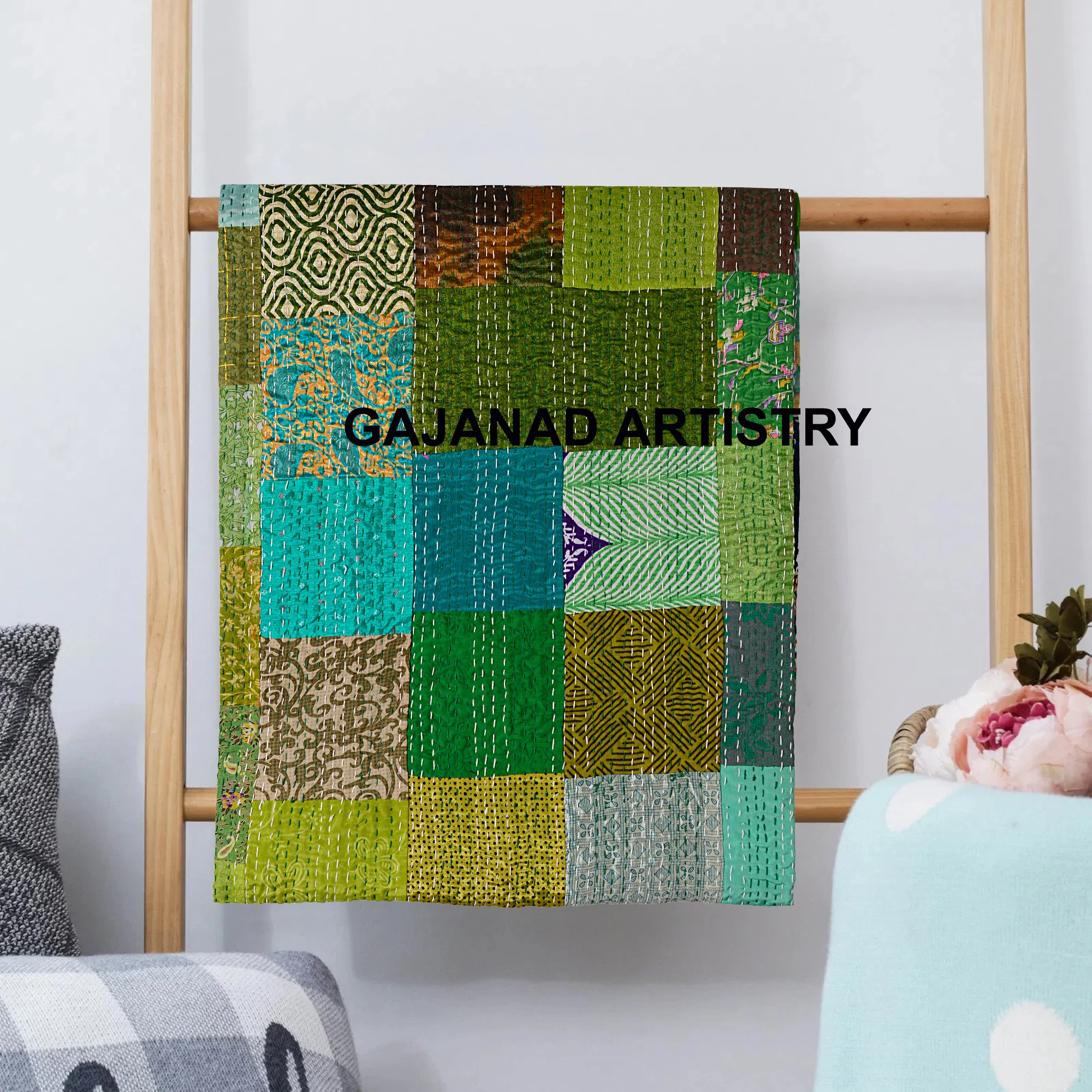 queen size kantha quilt handmade kantha bedcover bedspread blanket coverlet patola silk patch work vintage indian quilt