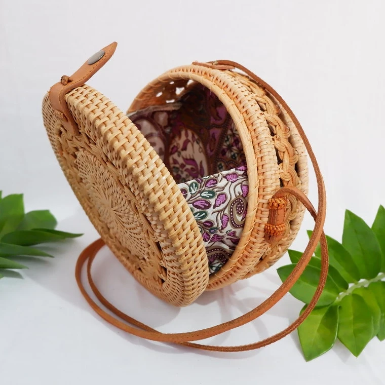 Лидер продаж 2022, оптовая продажа, небольшая сумка из ротанга по низкой цене, круглая сумка из ротанга с узором из двойной оплетки коричневого цвета