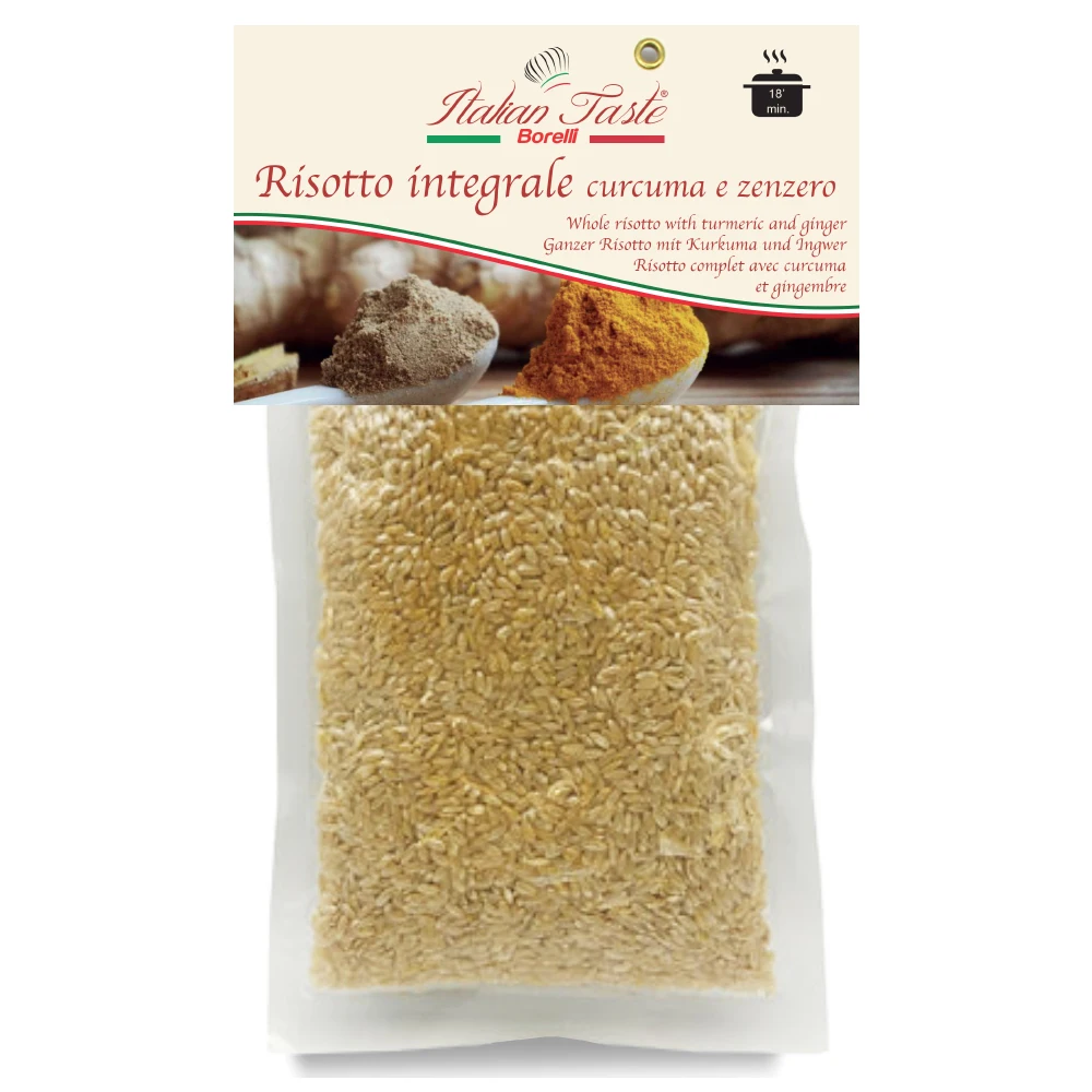 
High quality Italian Risotto with brown rice, turmeric and ginger vacuum packed 300 g Made in Italy for export 