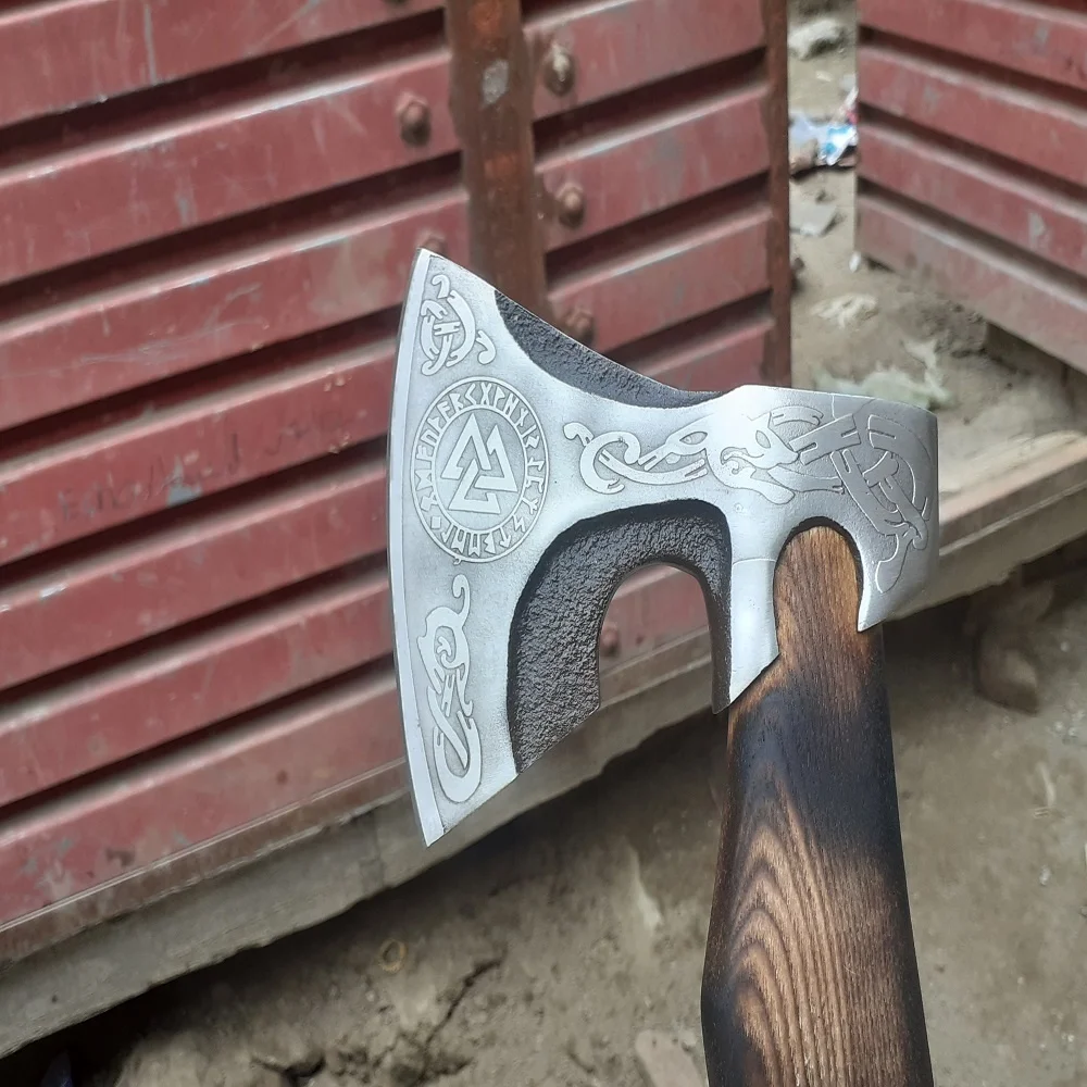 Hand Forged Viking Axe with Etching on the Head and Handle engraved by hand Decorative Fantasy Viking Axe