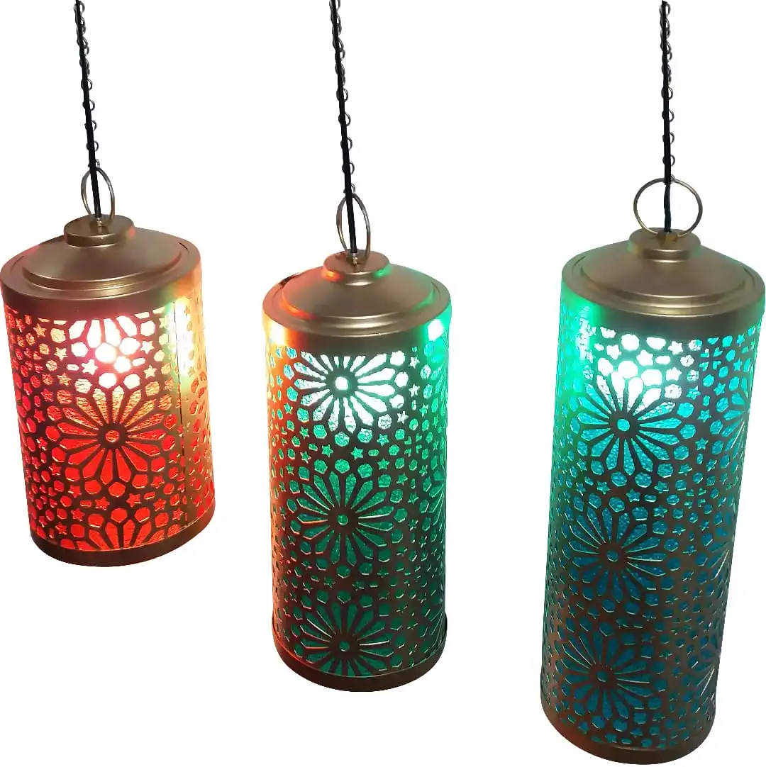 Cylindrical lamp set of 3  with geometrical design cage and a beautiful multicolour glass a perfect decorative