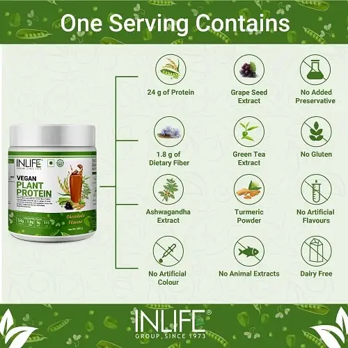 INLIFE протеиновый порошок на основе растений для веганов 24 г (горох и коричневый рис) 5 BCAA 1 8 волокна с Ashwagandha зеленый чай виноград See