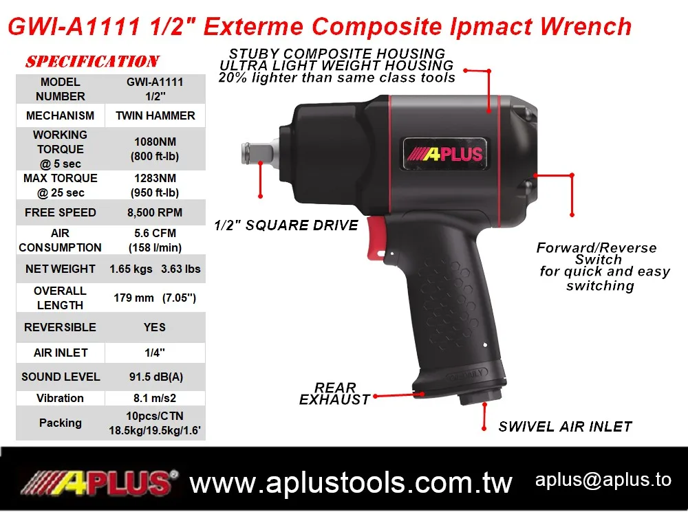 GWI-A1111, 1/2 INCH COMPOSITE HOUSING AIR IMPACT WRENCH LIGHT WEIGHT MORE POWERFUL