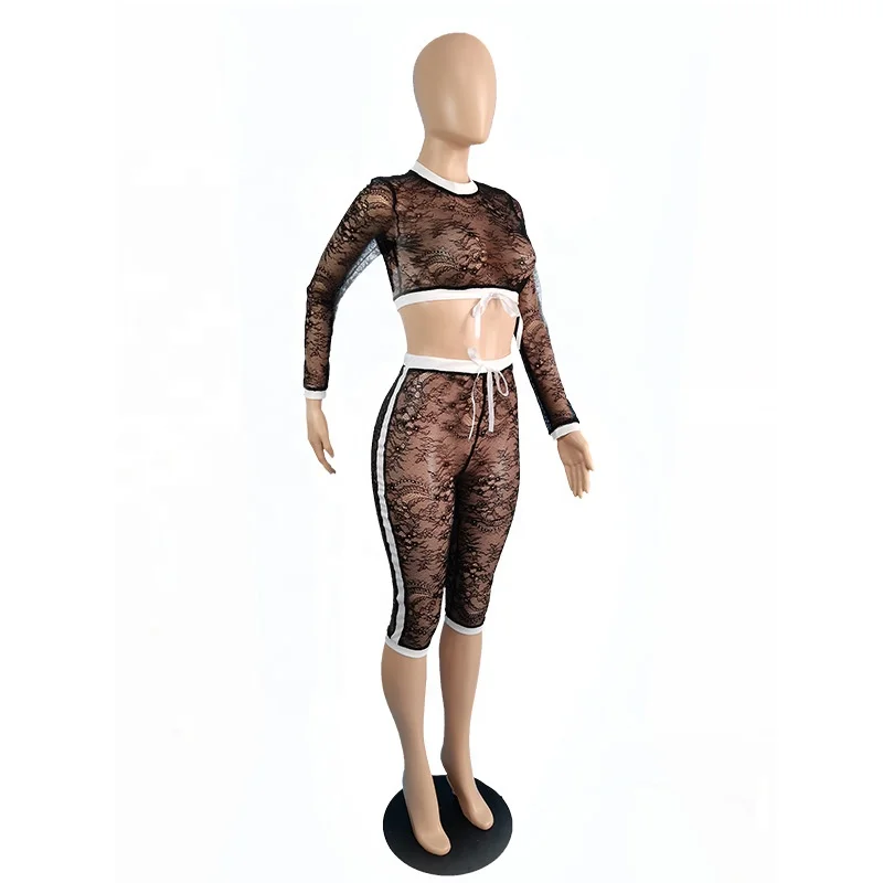 
QC-TC077 2021Trending transparent lace fabric long sleeve top and short pants black two piece shorts set 