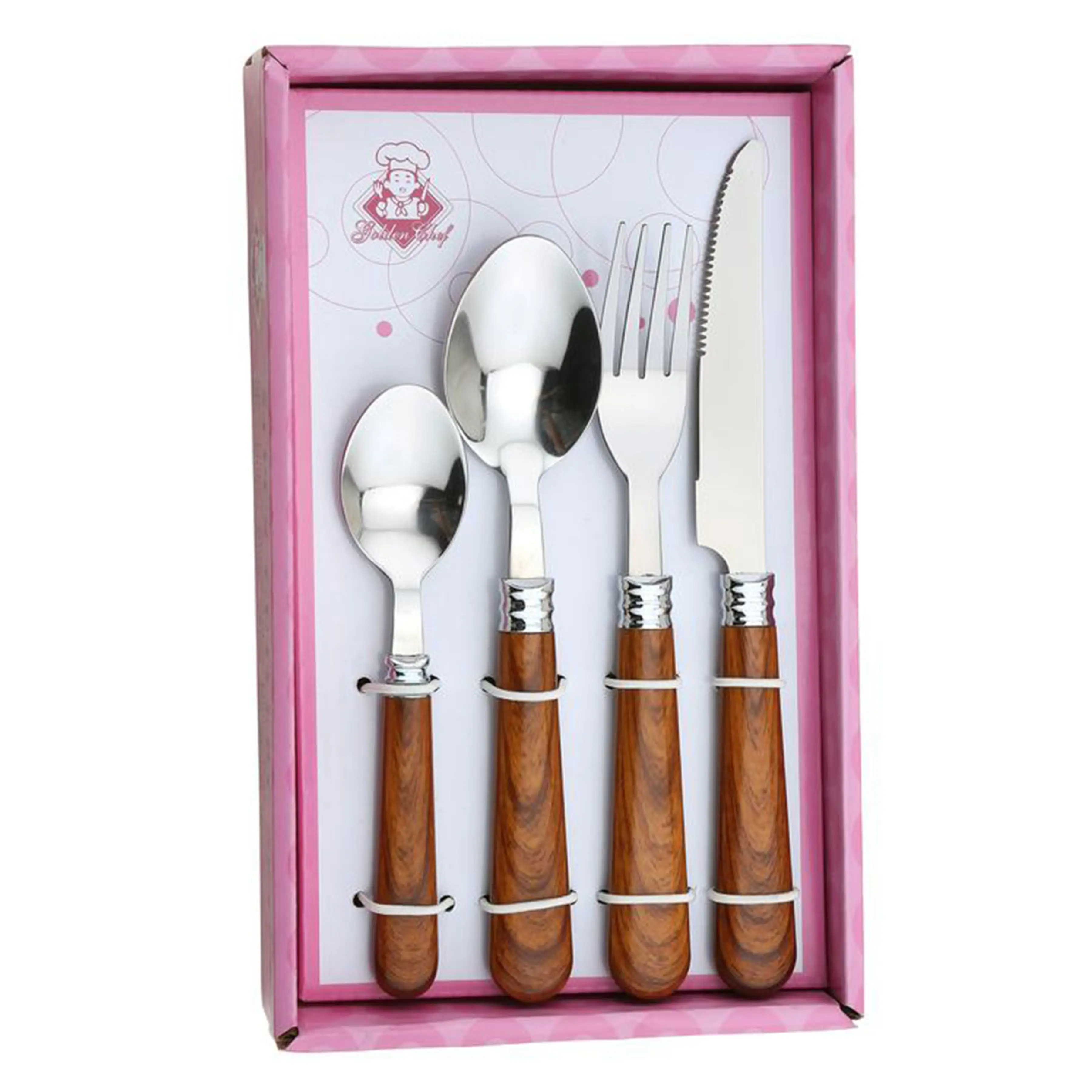 Manufacturer wood print high quality handle with stainless steel flatware set spoon fork knife teaspoon