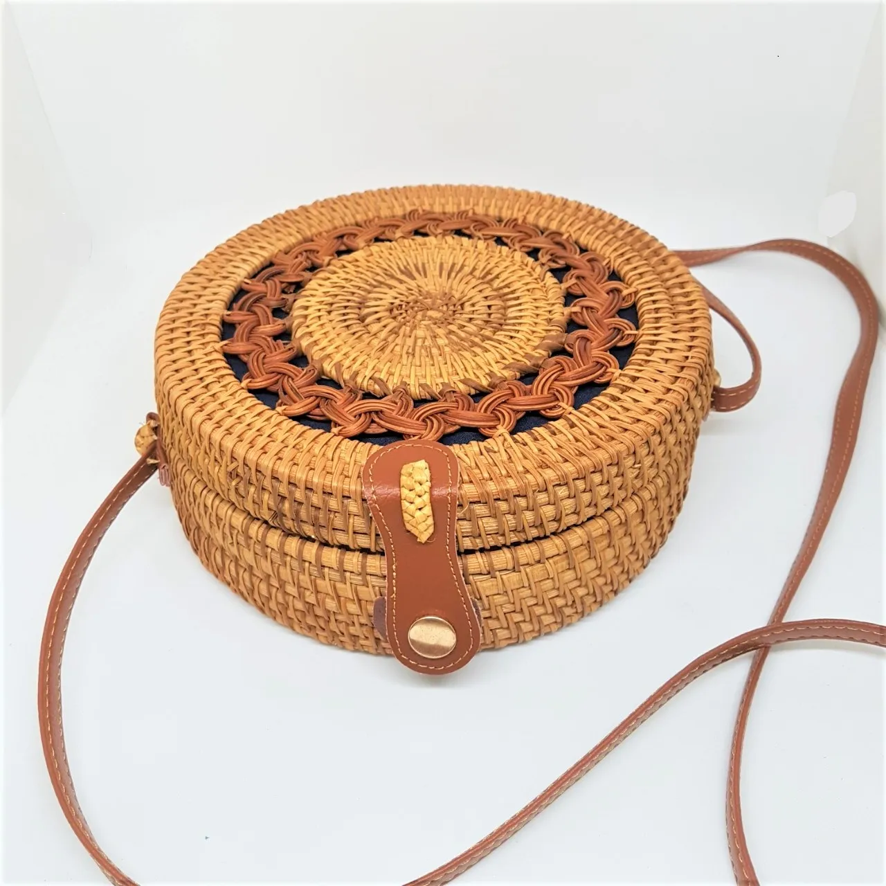 
ECO - FRIENDLY round handmade rattan bag Shoulder Leather Straps Fabric inside Natural Fashionable woven Rattan Bags 